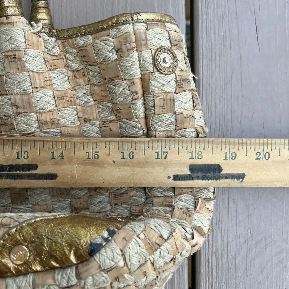 ELAINE TURNER Woven Cork Rope Tote Shoulder Bag Gold Leather Handles Boho